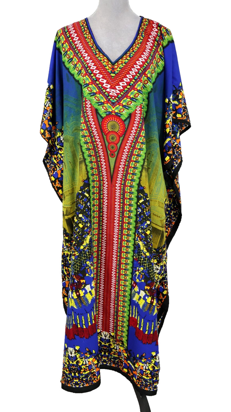 Winlar Kaftan Dress Womens One Size Blue Red Green Mumu Maxi Cover Up Vintage